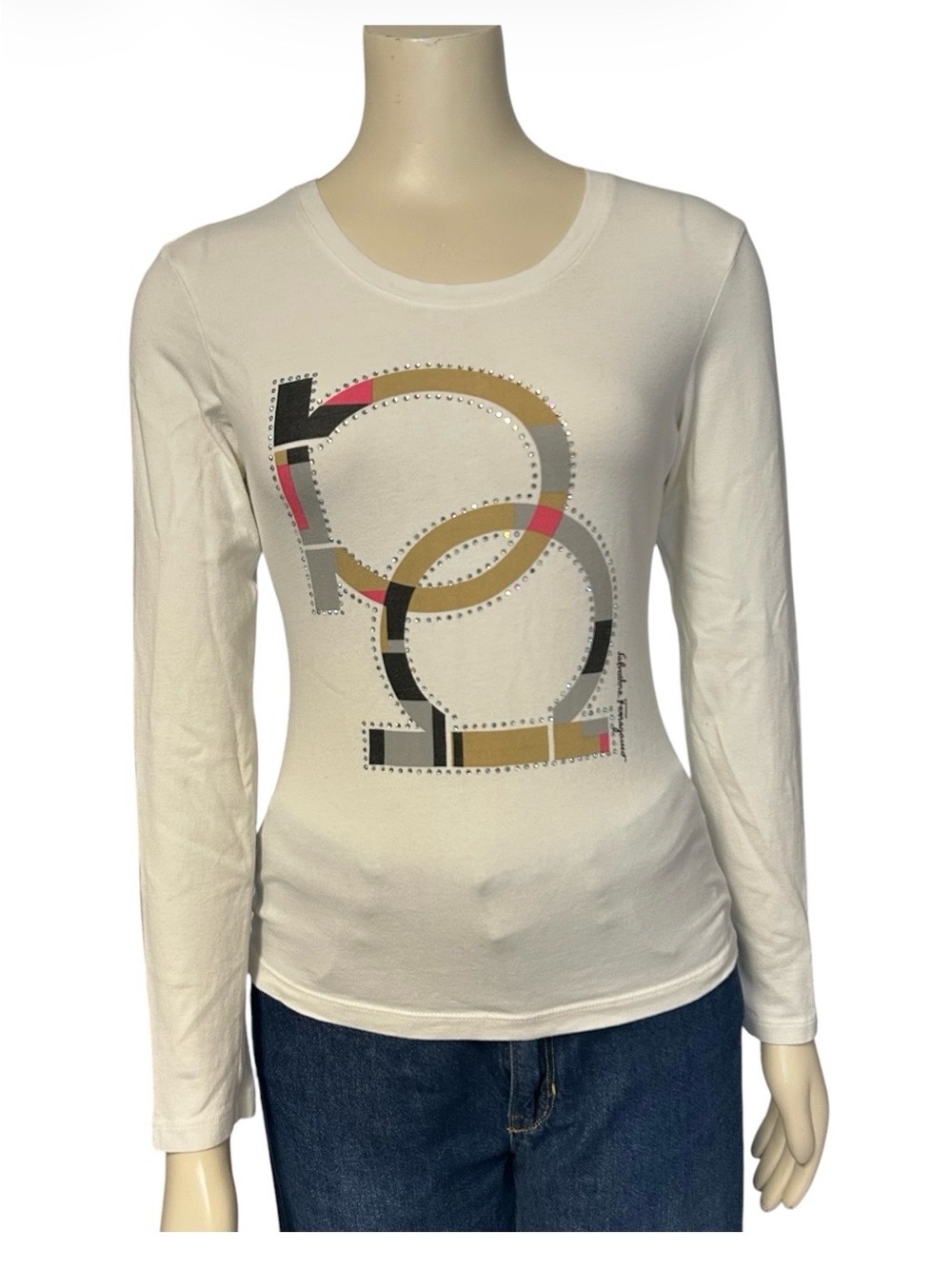 Salvatore Ferragamo Long Sleeve Shirt Womens Small Rhinestone Crystals White